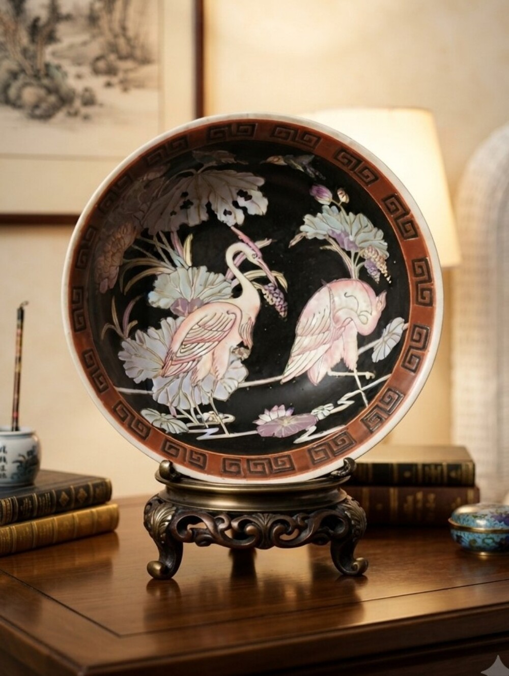 Vintage 60's Bilwan Macau Famille Noir Porcelain 10" Centerpiece Bowl